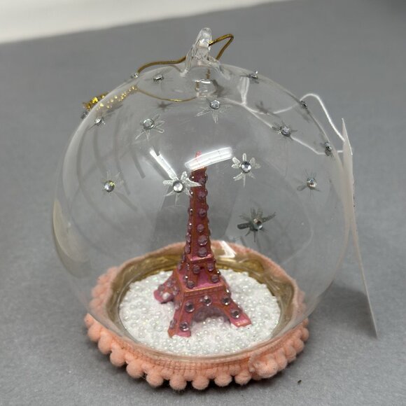 Glass Eiffel Tower Ornament – Pink Rhinestone Paris Dome Decoration Snowglobe - Picture 1 of 12